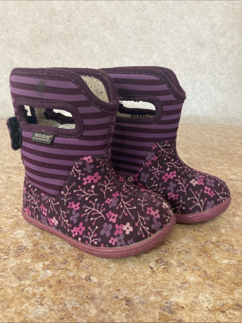 Bogs Kids Purple Striped Floral Waterproof Pull-On Boots